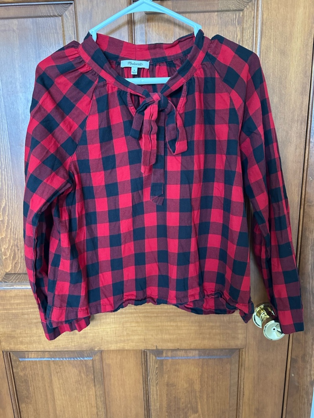 Madewell Red and Black Buffalo Plaid Tie-Neck Shirt